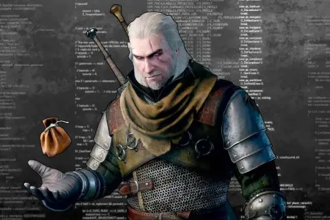 Geralt z Rivii na tle kodu gry Wiedźmin 3. W ręce trzyma sakiewkę z monetami, jakby oferował graczom możliwość zdobycia skarbów dzięki znajomości **kodów Wiedźmin 3**.
