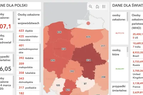 Mapa Polski z zaznaczonymi województwami i liczbą zakażeń. Dane o zakażeniach w Polsce i na świecie.