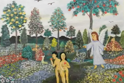 Anioł wskazuje drogę Ewie i Adamowi w rajskim ogrodzie. W tle drzewa owocowe, zwierzęta i ptaki.