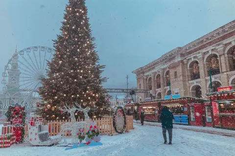 Weihnachtsmarkt mit beleuchtetem Baum, Rentier-Deko und Buden. Hier wird Weihnachten gefeiert, mit Schnee und Lichterglanz.