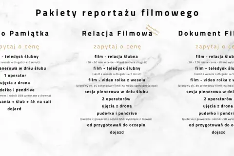 Trzy kolumny z pakietami usług filmowych: Video Pamiątka, Relacja Filmowa, Dokument Filmowy.