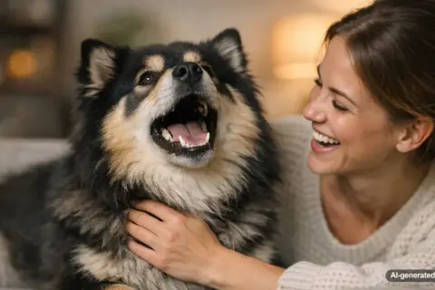 A fluffy dog with its mouth wide open, looking like it's laughing, is being petted by a smiling woman.