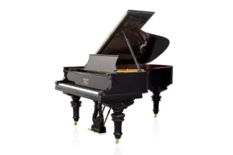 Eleganckie, czarne pianino z otwartą klapą, widoczne klawisze i pedały. Wymiary tego instrumentu są kluczowe dla jego brzmienia.