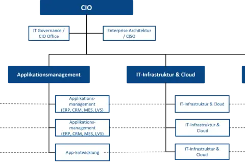 Organigramm der IT-Abteilung: CIO, Applikationsmanagement, IT-Infrastruktur & Cloud, IT-Support und Service, sowie Produktgruppen.