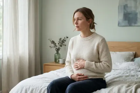 En kvinna sitter på en säng med händerna över magen, blicken fundersam. Bilden kan tolkas som tecken på missfall.