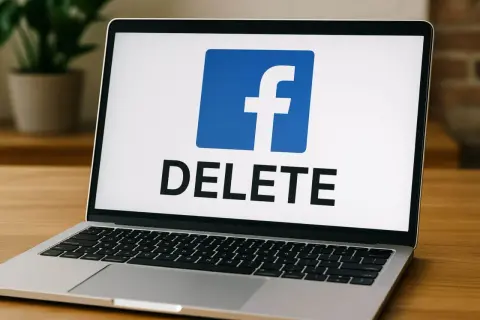 Laptop z logo Facebook i napisem "DELETE". Chcesz wiedzieć, jak usunąć profil na FB? Ten obrazek pokazuje, że to możliwe.