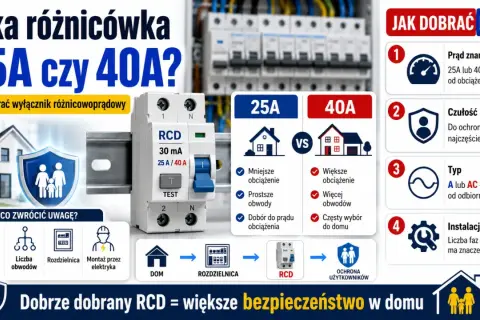 Porównanie wyłączników RCD 25A i 40A. Wybór zależy od obciążenia, liczby obwodów i instalacji. Dobry RCD to bezpieczeństwo w domu.