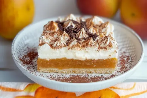 Pyszny kawałek szarlotki z pianką i czekoladą. Zastanawiasz się, ile kcal ma kawałek szarlotki? Ten wygląda na kaloryczny!