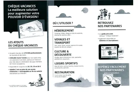 Chèques-Vacances pour vos loisirs, voyages, hébergements, culture, sports et restauration. Idéal pour les péages et autres dépenses.
