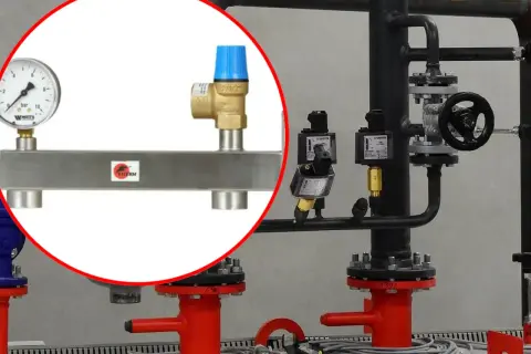 Grupa bezpieczeństwa co. z manometrem i zaworem bezpieczeństwa, część instalacji grzewczej.