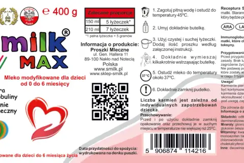 Smilk MAX - mleko modyfikowane dla niemowląt od 0 do 6 miesięcy, zawiera immunoglobuliny. Dlaczego wycofany? Brak informacji.