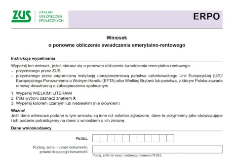 Wniosek do ZUS o ponowne obliczenie świadczenia emerytalno-rentowego. Formularz zawiera instrukcje wypełniania i sekcję "Dane wnioskodawcy" z polem na PESEL.
