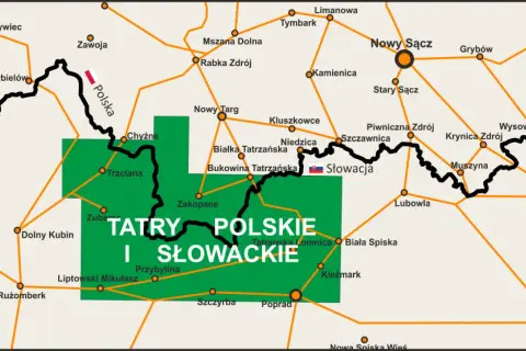 Mapa pokazuje, gdzie są Tatry Polskie i Słowackie, z zaznaczonymi miastami jak Zakopane, Nowy Targ i Poprad.