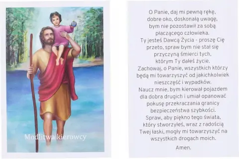 Ilustracja do modlitwy kierowcy: św. Krzysztof z Dzieciątkiem Jezus na ramionach, trzymający laskę.