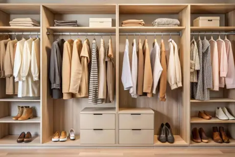 Armario organizado con ropa colgada y doblada, zapatos en estantes. Muestra cómo se mide un armario para optimizar el espacio.