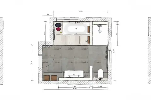 Grundriss eines modernen Badezimmers mit Badewanne, Dusche, Doppelwaschbecken und Toilette. Graue Fliesen und Holzakzente.