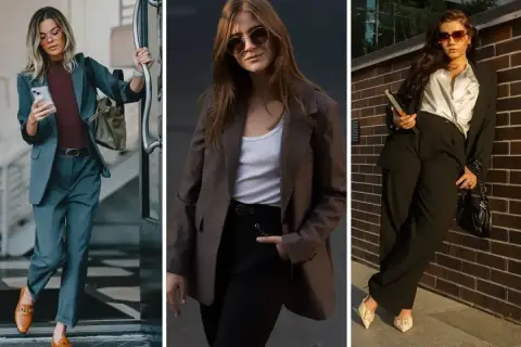 Trzy kobiety prezentują elegancki workwear style: garnitur w odcieniu szarości, brązowa marynarka z białym topem i czarne spodnie z satynową bluzką.