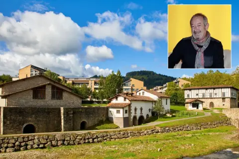 Paisaje vasco con casas tradicionales y modernas, y un retrato de Karlos Arguiñano, mostrando de donde es Arguiñano.
