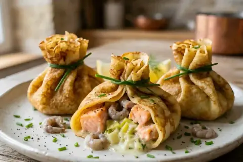 Trois aumônières froides, entrées élégantes garnies de saumon, crevettes et poireaux dans une sauce crémeuse, liées par de la ciboulette.