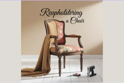 Learn how to reupholster a chair with this elegant armchair, fabric, scissors, and staple gun.