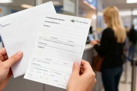 Potwierdzenie nadania przesyłki poleconej z Zabrza. Ktoś odbiera dokument z Poczty Polskiej.