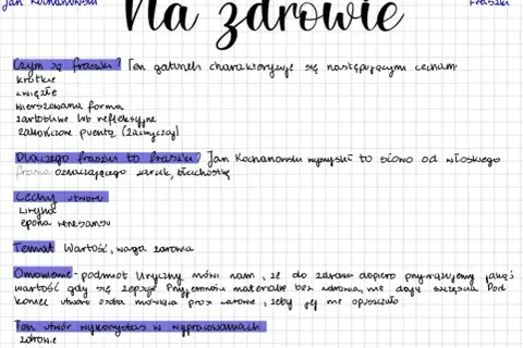 Notatki o tym, co to fraszka: krótka, zwięzła forma wierszowana, często z puentą. Jan Kochanowski nadał jej polskie brzmienie.