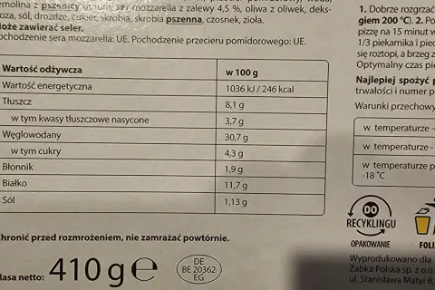 Tabela wartości odżywczych pizzy z podziałem na składniki i ilością kalorii w 100g.