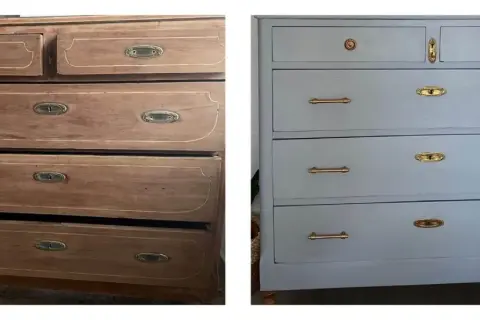 Un mueble antiguo antes y después de restaurar. La cómoda de madera desgastada se transforma con pintura gris y tiradores dorados.