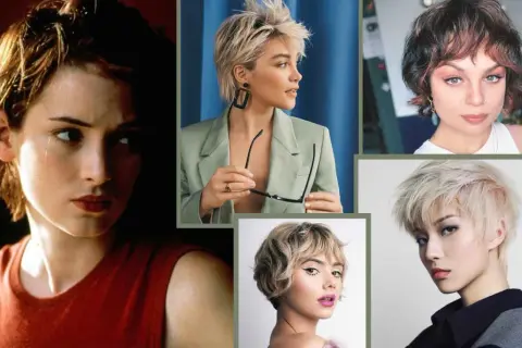 Collage di donne con diverse pettinature capelli corti: pixie cut, shag, e tagli sfilati.