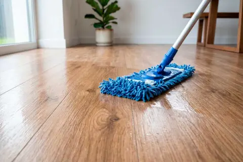 Un trapeador azul limpia un suelo de madera brillante. Aprende como limpiar suelo de madera para mantenerlo reluciente.
