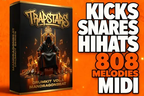Drumkit-Box "Trapstars" mit mystischer Figur auf Thron, umgeben von Gold und Flammen. Enthält Kicks, Snares, Hihats, 808 Melodien & MIDI-Files für trap samples.