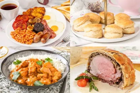 Un festín de comida de Reino Unido: desayuno completo, bollos, curry y un Wellington.