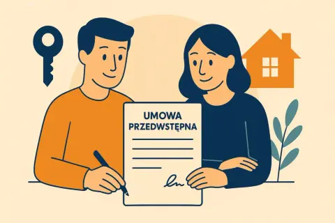 Para kupuje mieszkanie. Mężczyzna podpisuje umowę przedwstępną sprzedaży mieszkania, a obok widać klucz i dom.