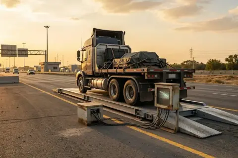 Camion sur une bascule pour contrôle poids lourd. Le soleil couchant éclaire la scène routière.