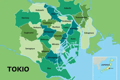 Mapa przedstawia podział administracyjny Tokio, pokazując dzielnice takie jak Shibuya, Shinjuku i Minato. Gdzie jest Tokio? Na tej mapie zobaczysz jego serce.