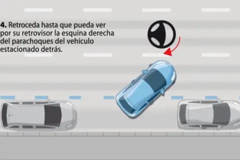 Ilustración de un coche azul aparcando en línea entre dos coches grises.