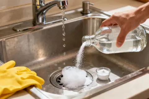 Main tenant, une main verse du vinaigre dans l'évier pour déboucher le robinet. Des gants jaunes sont posés à côté.