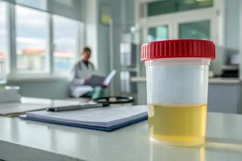 Urinprobe im Becher, bereit zur Analyse. Der Arzt im Hintergrund studiert Akten, während der unangenehme Geruch von Urin stinkt.