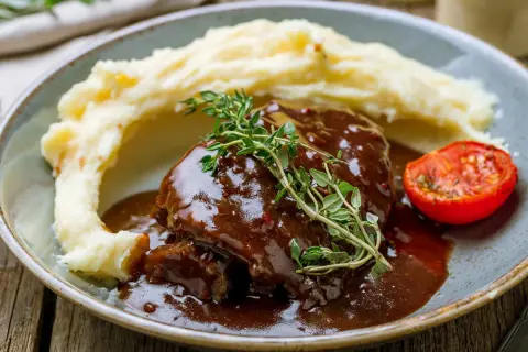 Soczysty schab w sosie własnym, pieczony w piekarniku, podany z purée ziemniaczanym i pieczonym pomidorkiem.