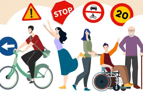 Un hombre sonriente va en bicicleta, rodeado de señales de tráfico y personas diversas.