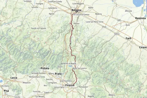 Mapa de la Via degli Dei, ruta de senderismo que une Bolonia con Florencia a través de los Apeninos.