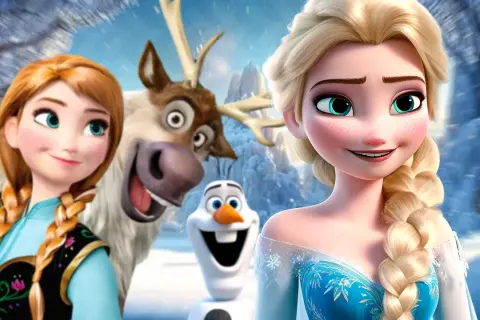 Anna und Elsa 3: Anna, Elsa, Olaf und Sven im Schnee.