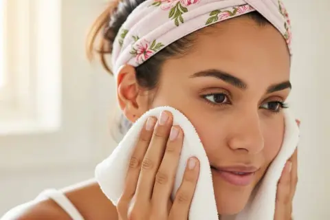 Frau mit Blumenstirnband trocknet ihr Gesicht mit einem weißen Handtuch, um Rückstände von Reinigungsmitteln wie Sodium Lauryl Sulfate zu entfernen.