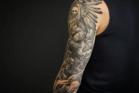 Detaillierte Tätowierung am Arm: ein geflügeltes Wesen mit Totenkopf und Drachen. Tolle Inspiration für full sleeve tattoo vorlagen.