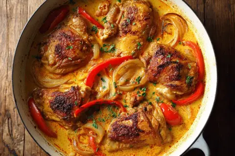 En gryta med gyllene kycklinglårfilé, paprika och lök i en krämig sås. Ett härligt kycklinglårfile recept.