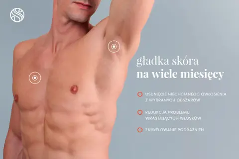 Męska klatka piersiowa i pachy po zabiegu depilacja laserowa dla mężczyzn. Gładka skóra na wiele miesięcy.