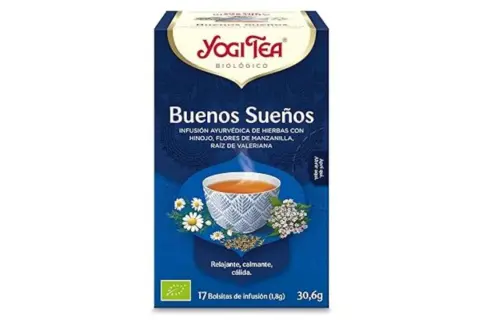 Caja de Yogi Tea "Buenos Sueños", una de las 5 mejores infusiones para relajarse. Contiene hinojo, manzanilla y valeriana.
