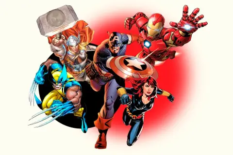 Los Vengadores, liderados por el Capitán América, se preparan para la acción: Thor, Iron Man, Wolverine y Black Widow.