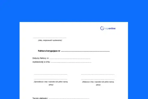 Formularz faktury korygującej z polami do wpisania danych do faktury: daty, numerów faktur, sprzedawcy i nabywcy.