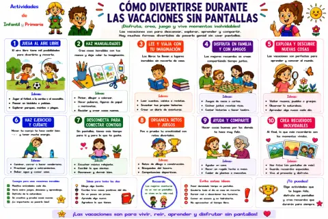 ¡Qué hacer en vacaciones con niños! Actividades para disfrutar sin pantallas: jugar al aire libre, manualidades, leer, juegos en familia, explorar, ejercicio, desconectar, retos, ayudar y crear recuerdos.